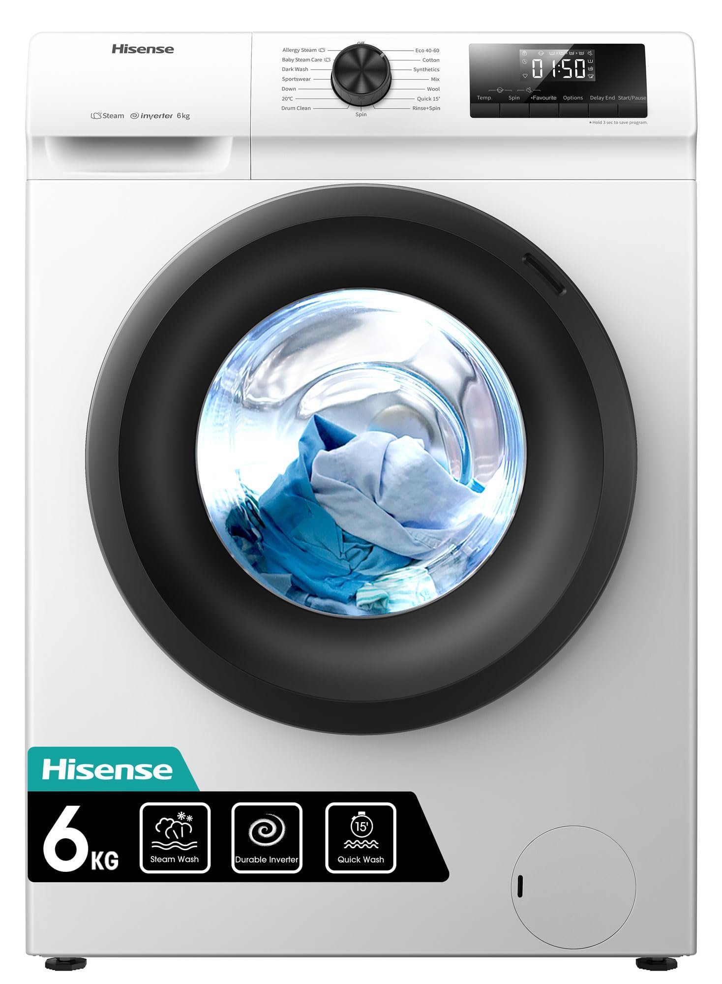 71qaBrHko0L-6.jpg Freestanding Front Load Washing Machine – 6kg, Inverter Motor, 15 Programs, Quick & Steam Wash, 1200 RPM, White, Energy Class C - Image 1