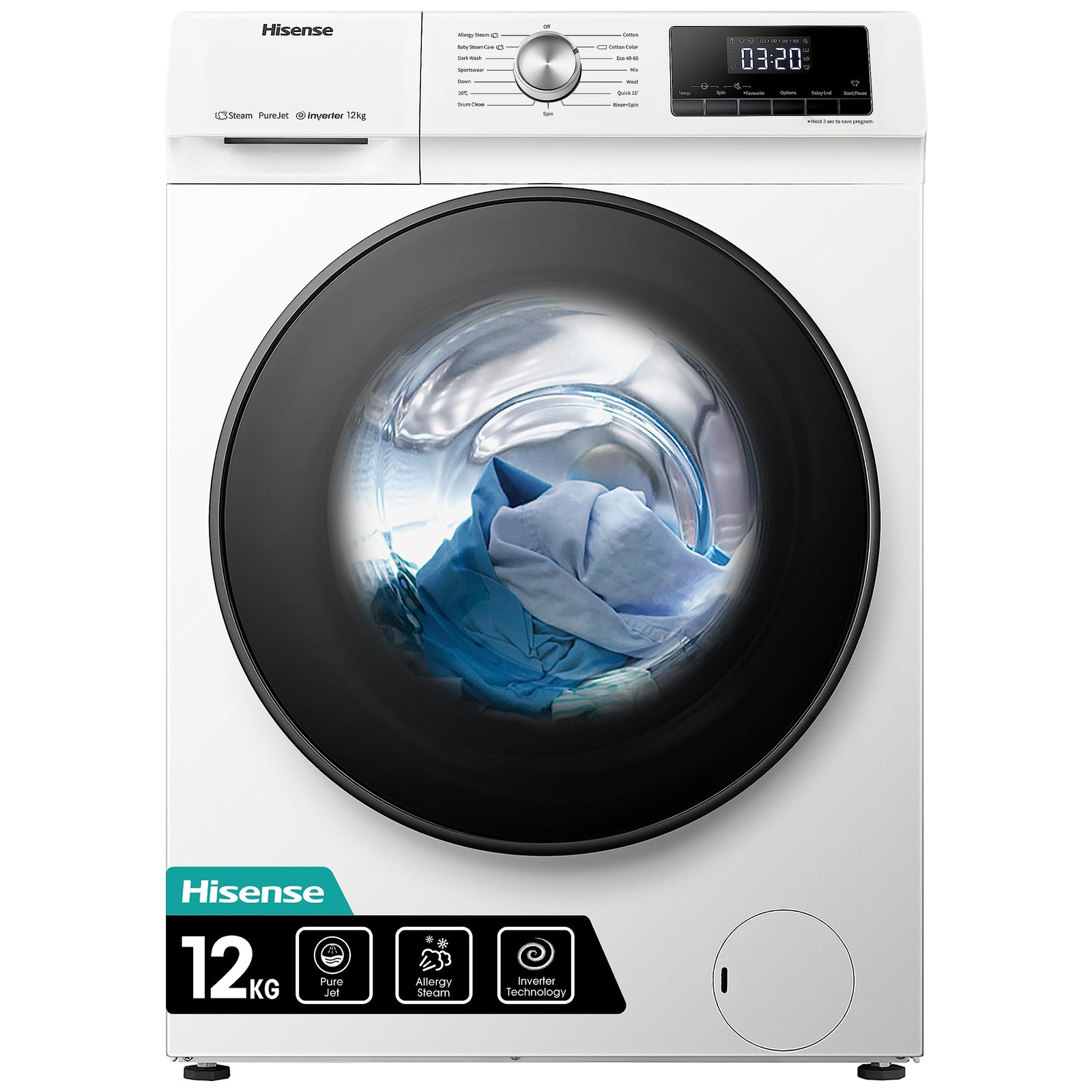 81AOYSfh0QL-6.jpg Freestanding Front Load Washing Machine – 12kg, Inverter Motor, 15 Programs, Quick & Steam Wash, 1400 RPM, White, Energy Class A - Image 1